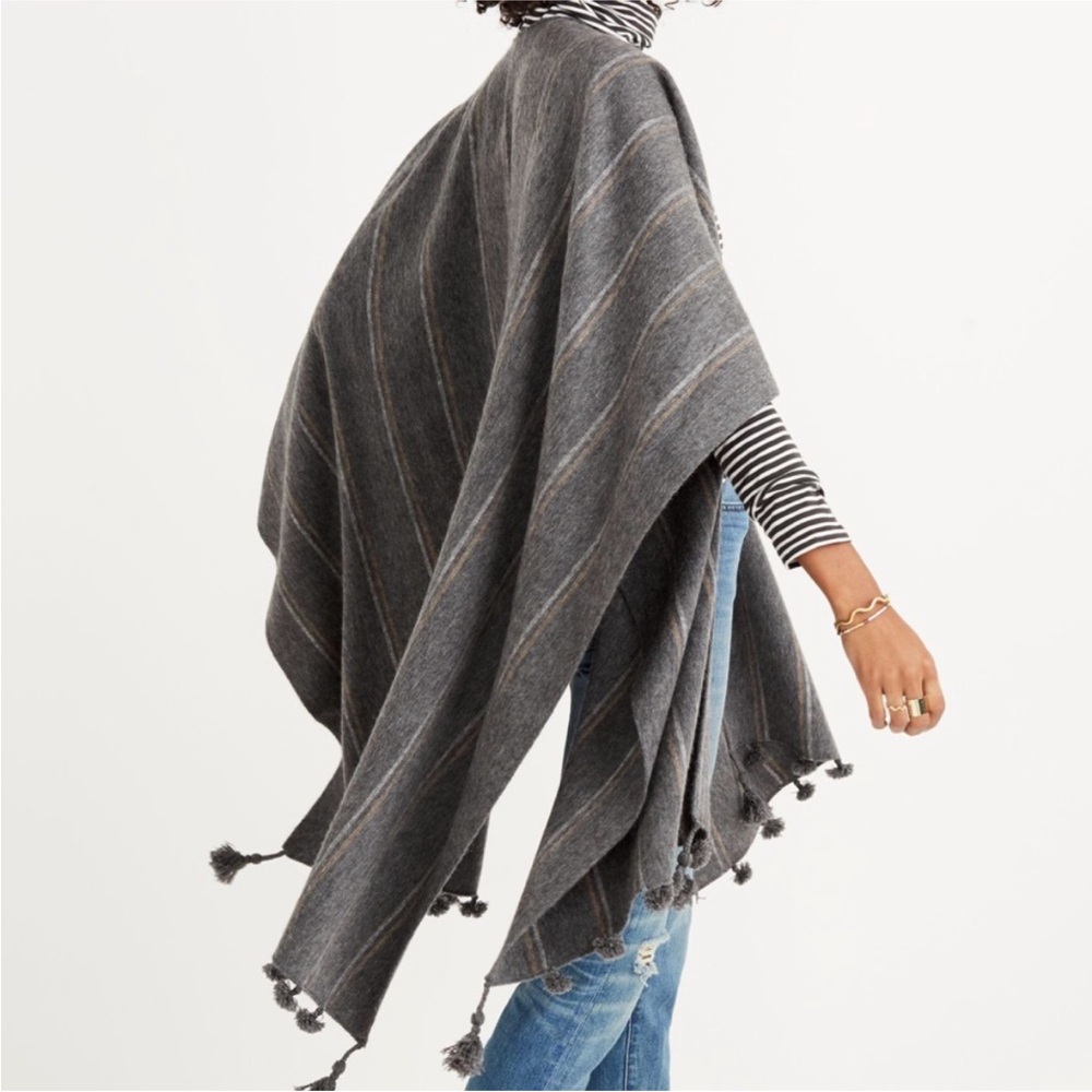 Madewell Gray Striped Poncho Wrap or Cape with Tassels
